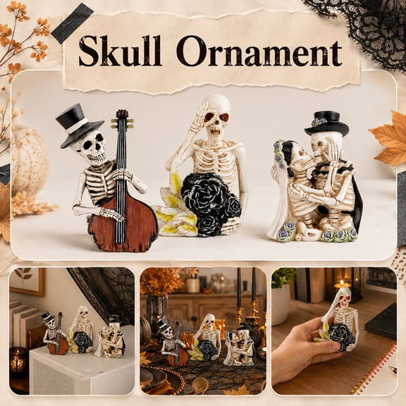 Novelty Skeleton Wedding Couple Display Piece, Skeleton Halloween Decor, Wedding Cake Toppers Bride and Groom, Day of The Dead Decorations, Hand-Painted Resin Decor for Halloween