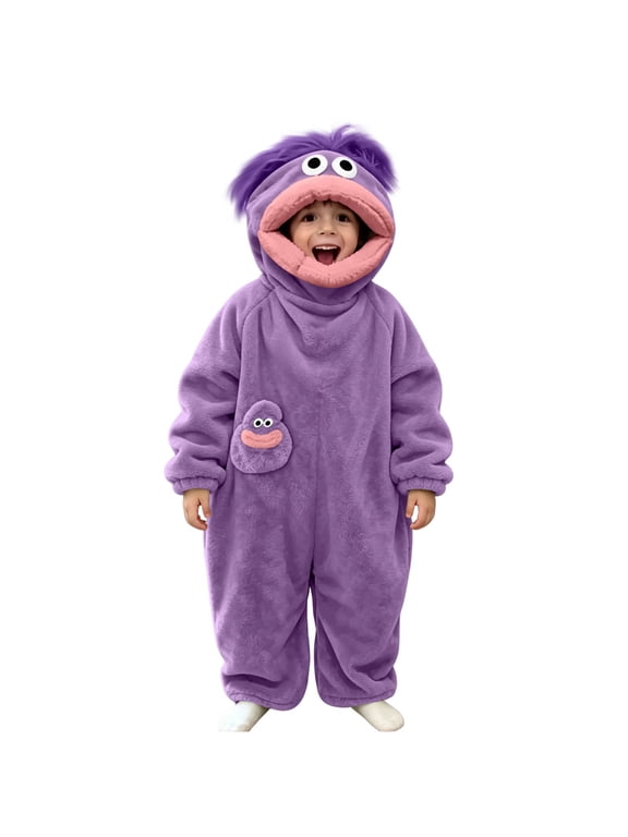 Novelty Snuggle Goof Onesie, Plushie Big Mouth Monster Pajamas, Oversized Sleepwear for Family Halloween Cosplay, No Comb & Shoes Included., Purple, 150