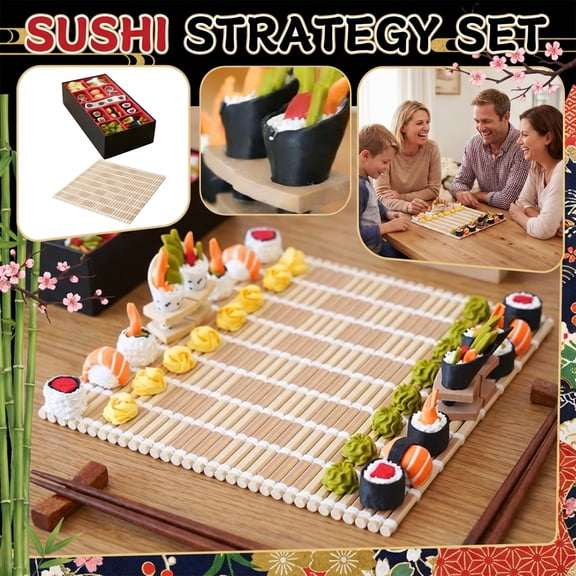 Novelty Sushi-Themed Chess Set with Bento Storage Box, 3D Printed Roll Game Pieces & Bamboo Mat Board, Creative Strategy Board Game for Teens & Adults