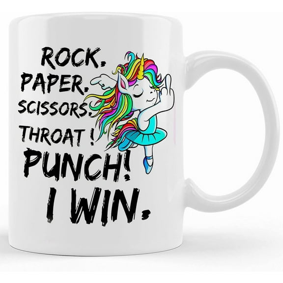 Novelty Swear Unicorn Mug Humorous Gift Rock, Paper, Scissors Throat Punch I Win, Ceramic Novelty Coffee Mug, Tea Cup, Gift Present For Birthday, Christmas Thanksgiving Festival, 11oz Or