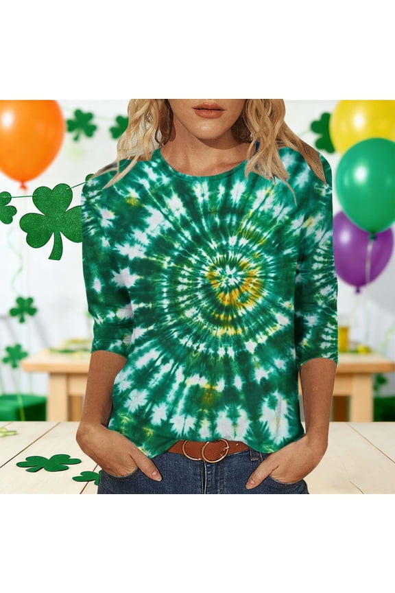 Novelty T-Shirt for Women Tie Dye Radial Pattern Crewneck 3/4 Sleeve Loose Fit Casual Everyday Clothes Soft Stretch Fashion Graphic Top