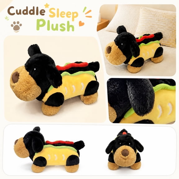 Novelty Throw Pillow, Kids Birthday Gift, Dog Birthday Toys, Pretend Play, 16X11 Inch Themed Hot Dog Black Lab Plush Dog, Soft Cuddly Stuffed Animal for Bedroom Decor and Casual