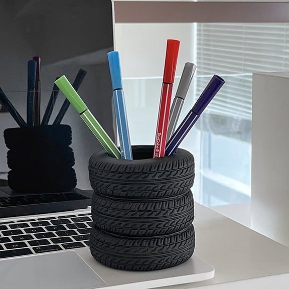 Novelty Tire Stack Pen Holder - 3 Tier PVC Desktop Organizer for Pens, Makeup Brushes, Pencils & Office Supplies, Unique Car Theme Desk Decor for Home, Office, and Workspace