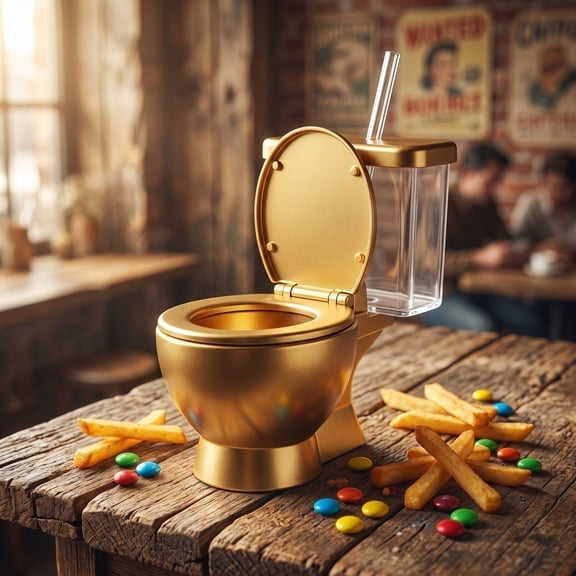 Novelty Toilet Shaped Ramen Bowl Set with Built-in Drink Cup & Straw, Fun Gold Ceramic Noodle Bowl for Instant Noodles, Ramen, Soup, Unique Gag Gift for Food Lovers