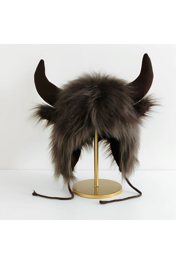 Novelty Viking Hat with Horns Plush Faux Fur Winter Cosplay Costume Cap for Halloween Party Music Festival Gift Fun Coffee