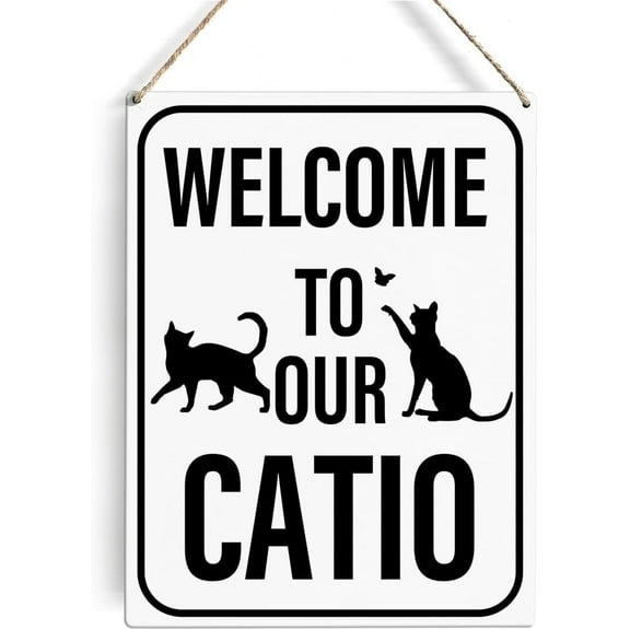 Novelty Welcome to Our Catio Signs Wall Decor Rustic Cat Lovers Wooden Hanging Sign Decoration for Home Door Accessories Poster Gifts Yard 5x10 Inch