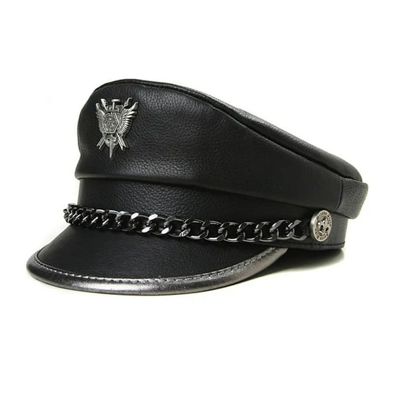 Novelty Winter Men's Genuine Leather Hat Male Flat Top Badge Locomotive Retro Caps Students Punk Cortical Chain Gorra ,Beautiful Craftsmanship