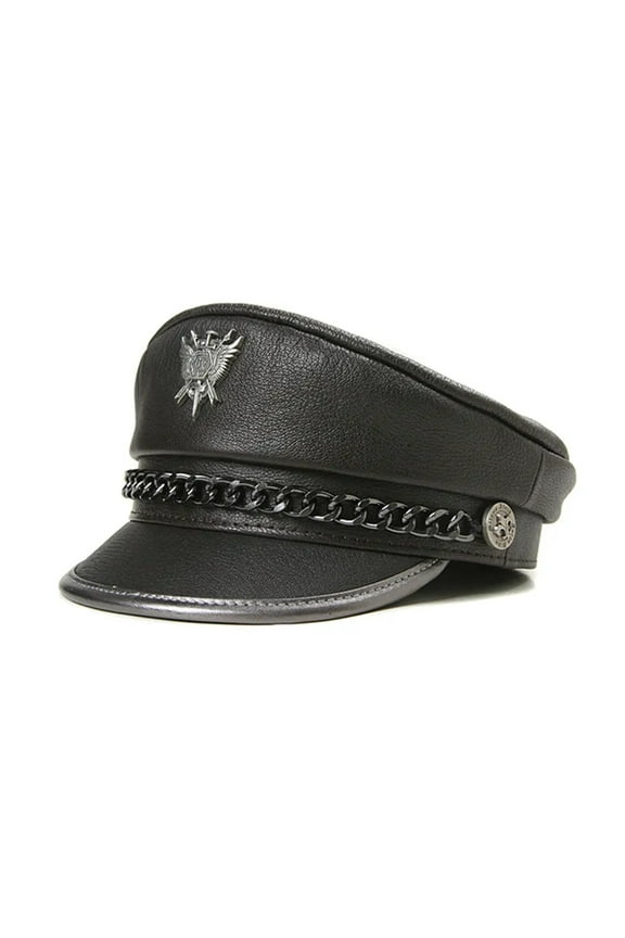 Novelty Winter Men's Genuine Leather Hat Male Flat Top Badge Locomotive Retro Caps Students Punk Cortical Chain Gorra ,Beautiful Craftsmanship