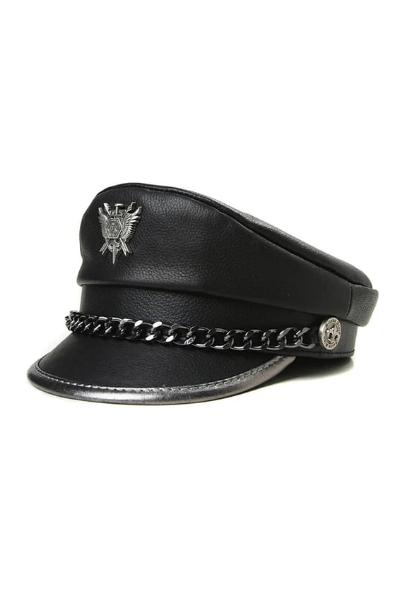 Novelty Winter Men's Genuine Leather Hat Male Flat Top Badge Locomotive Retro Caps Students Punk Cortical Chain Gorra ,Fashion Design