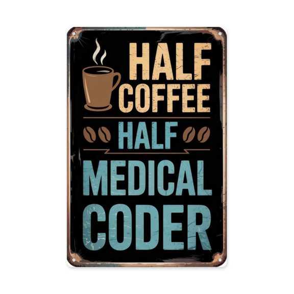 Novelty saying wall decor featuring Half Coffee Half Medical Coder Metal Tin Sign Office Decor Cubicle Perfect For Hanging In Coding Offices With Vintage 8x12 inch metal sign for man cave wall