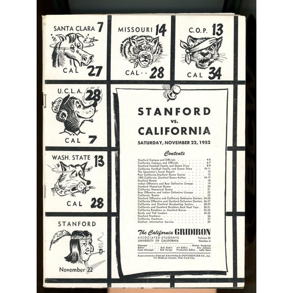 November 22 1952 Stanford vs California Football Program