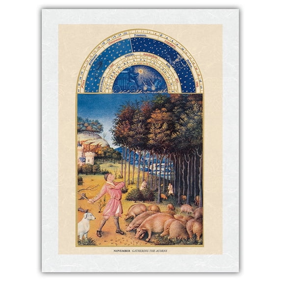 November: Gathering the Acorns - Book of Hours (Très Riches Heures) - Vintage Illuminated Manuscript by Jean Colombe c.1400 - Japanese Unryu Rice Paper Art Print 24 x 32 in