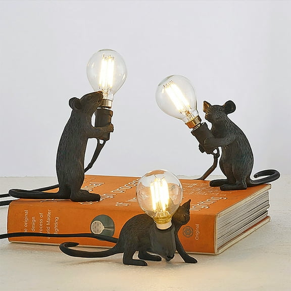 Novetly Retro Little Mouse Table Lamp, Black Resin Cute Animal LED Light Ornament, Indoor Living Room Bedroom Lights Mini Bedside Home Decorative, 1pc
