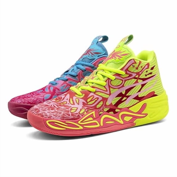 Novetra Men's Multicolour High Top Lace Up Breathable Mesh Upper Basketball Shoes With Vibrant Fluorescent Gradient Design Comfort Running - REDYELLOW AND BLUEPINS_11