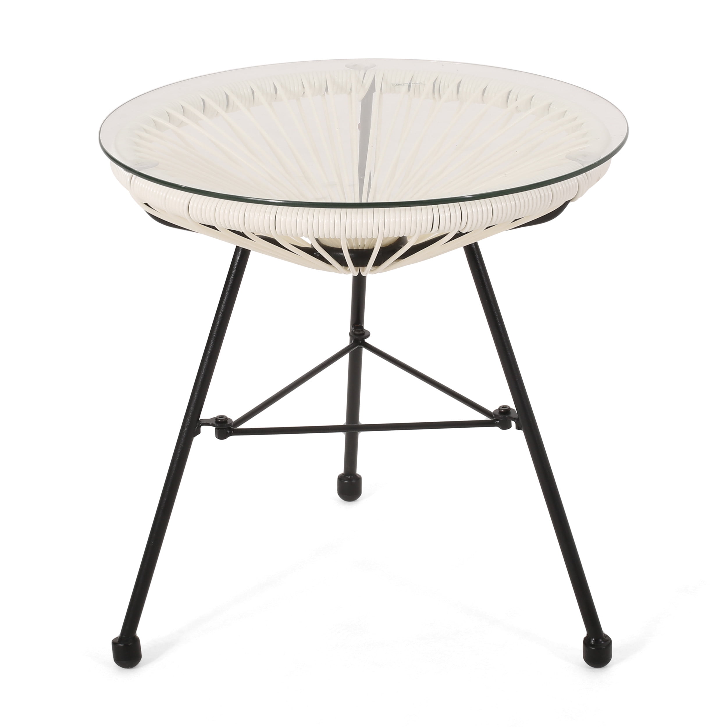 White Faux Rattan and Glass Outdoor Side Table with Black Iron Legs