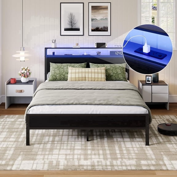 Noviila Full Bed Frame with 2-Tier Headboard,LED Light, USB Port, Charging Station & Smart Music Sync, Metal Support Platform Bed, Tool-Free Assembly, No Box Spring Needed