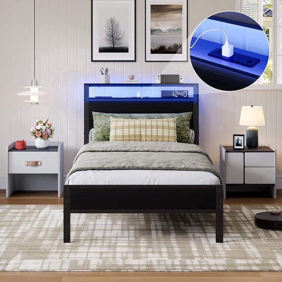 Noviila Twin Bed Frame with 2-Tier Headboard,LED Light, USB Port, Charging Station & Smart Music Sync, Metal Support Platform Bed, Tool-Free Assembly, No Box Spring Needed
