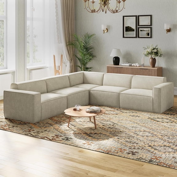 Novilla 109" Modular Sectional Sofa, No Assembly Cloud Sectional Couch with Smarts Coil® Support, Chenille Fabric L Shape Sectional Sofa, Boneless Couch for Living Room Apartment, Beige (5 Seat)