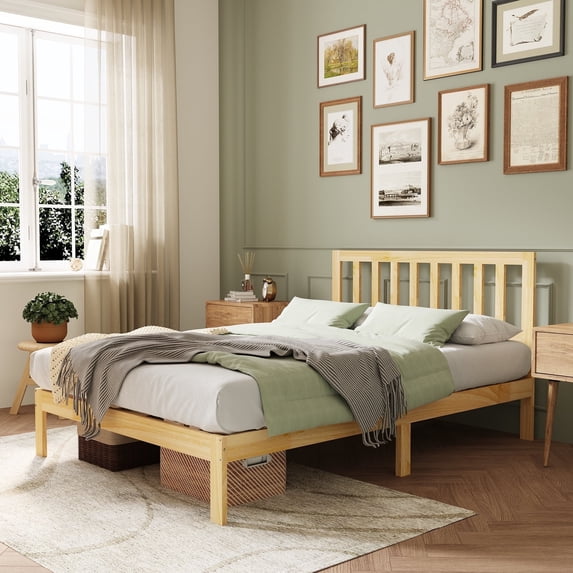 Novilla 12" Bed Frame Wood Bed Frame Full with Headboard,Off-White Wood Bed Frame Foundation with Wood Slat Support, No Box Spring Needed, Easy Assembly