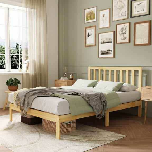 Novilla 12" Bed Frame Wood Bed Frame Queen with Headboard,Off-White Wood Bed Frame Foundation with Wood Slat Support, No Box Spring Needed, Easy Assembly