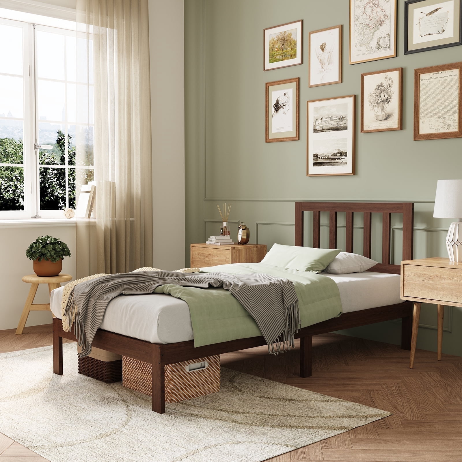 Novilla 12 Inch Twin Size Bed Frame Solid Wooden Twin Bed Frames with Headboard Wooden Classic Bed Frame Foundation, No Box Spring Needed, Easy Assembly, Walnut