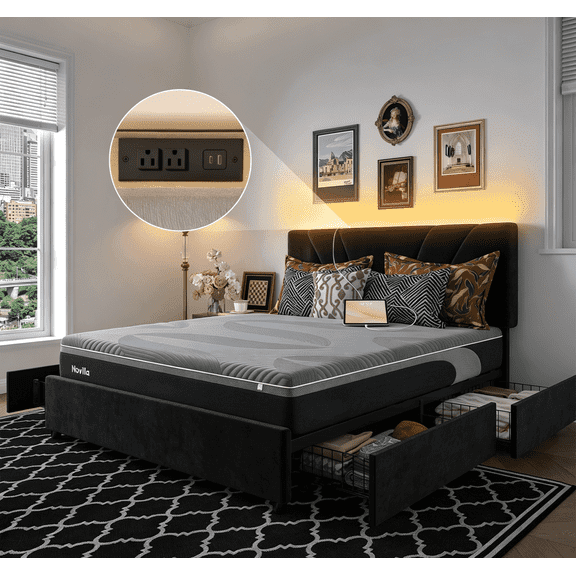 Novilla 12 Inch Queen Size AiryFlow Cooling System Mattress With Multifunctional Bed Frame with Drawers, LED Lights, Charging Station and Adjustable Headboard, Black