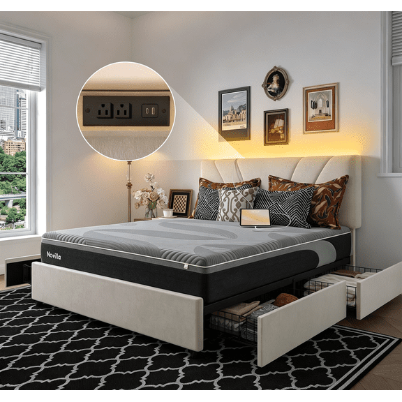 Novilla 12 Inch Queen Size AiryFlow Cooling System Mattress With Multifunctional Bed Frame with Drawers, LED Lights, Charging Station and Adjustable Headboard, White