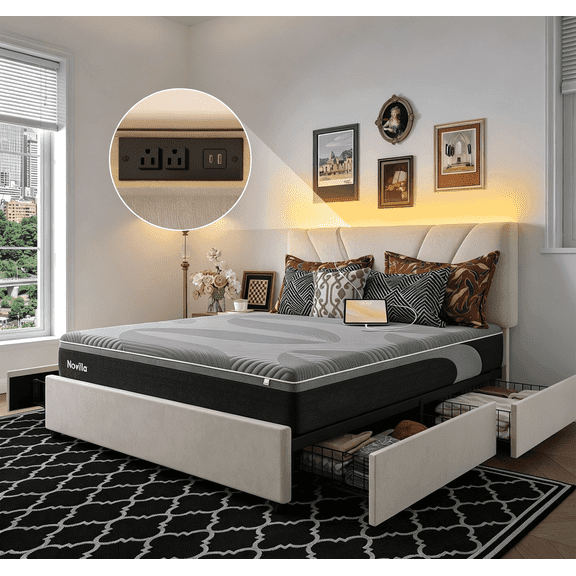 Novilla 12 Inch Queen Size AiryFlow Cooling System Mattress With Multifunctional Bed Frame with Drawers, LED Lights, Charging Station and Adjustable Headboard, White