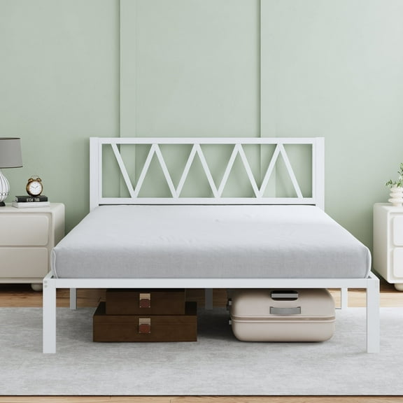 Novilla 14 Inch Full Size Bed Frame With Headboard, White Metal Platform Bed Frame, Full Bed Frame No Box Spring Needed, Easy Assembly, Strong Wood Slats Support