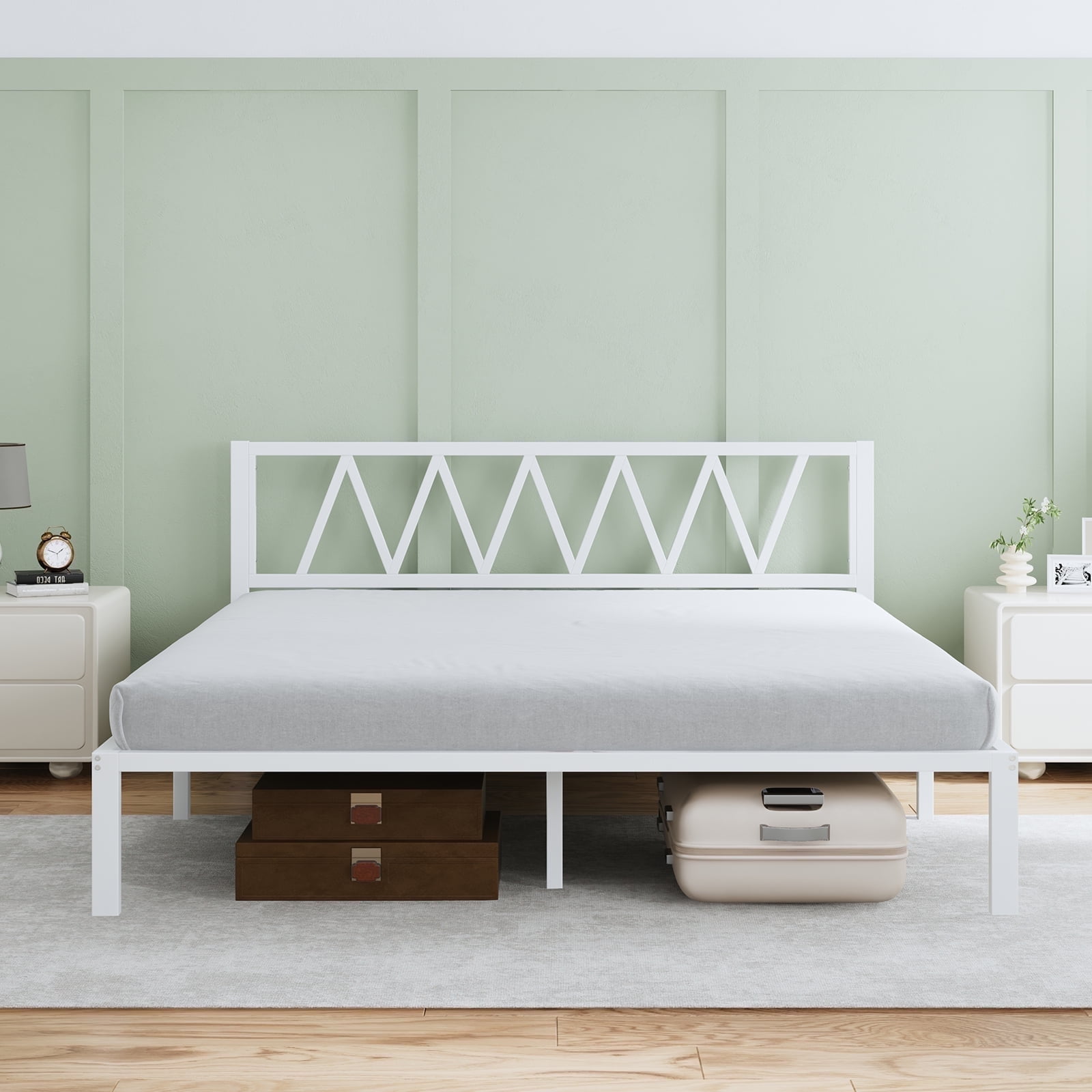 Novilla 14 Inch King Size Bed Frame With Headboard, White Metal Platform Bed Frame, King Bed Frame No Box Spring Needed, Easy Assembly, Strong Wood Slats Support