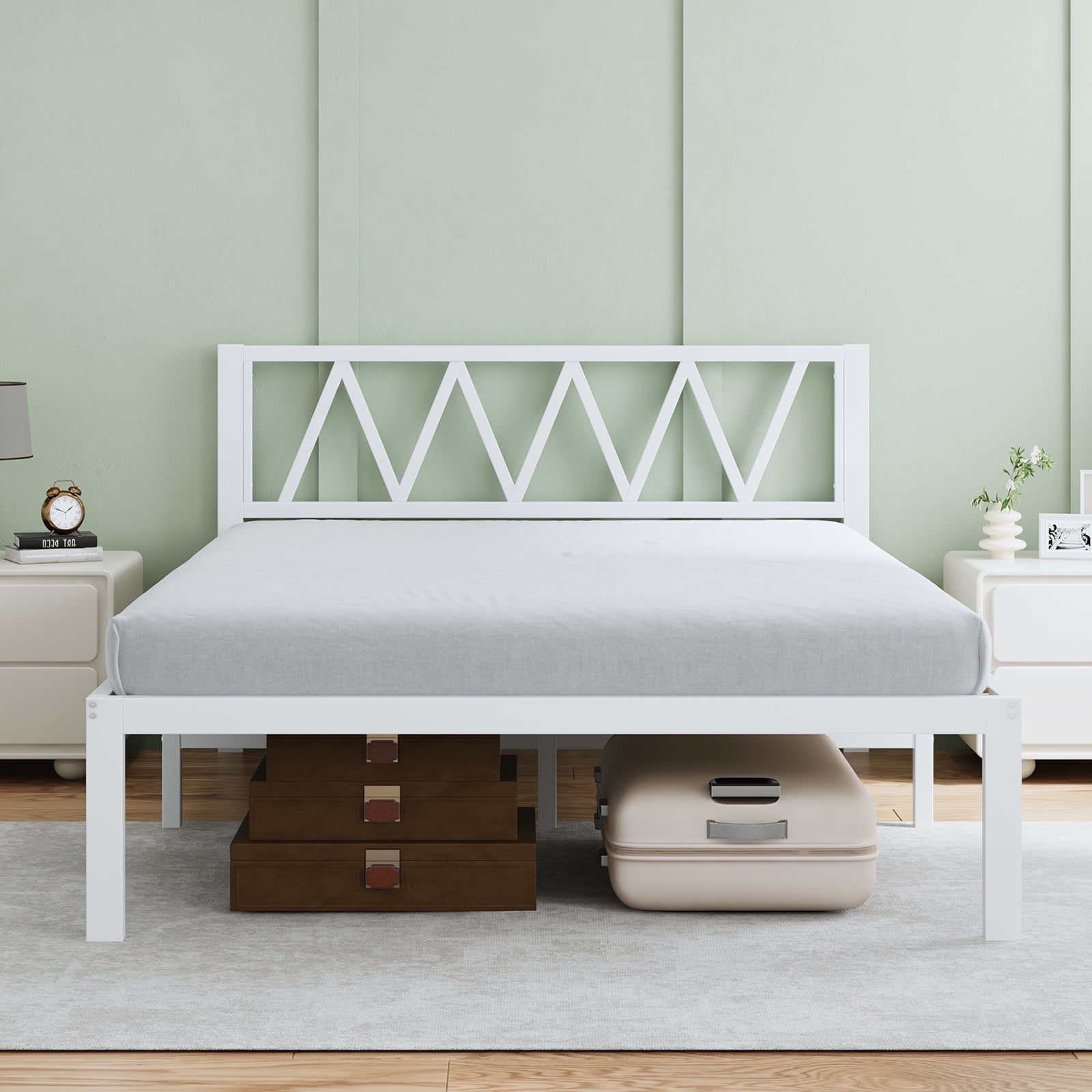 Novilla 18 Inch Full Size Bed Frame With Headboard, White Metal Platform Bed Frame, Full Bed Frame No Box Spring Needed, Easy Assembly, Strong Wood Slats Support