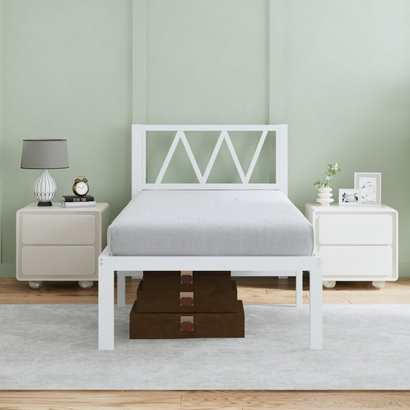 Novilla 18 Inch Twin Bed Frame With Headboard, White Metal Platform Bed Frame, Twin Size Bed Frame No Box Spring Needed, Easy Assembly, Strong Wood Slats Support