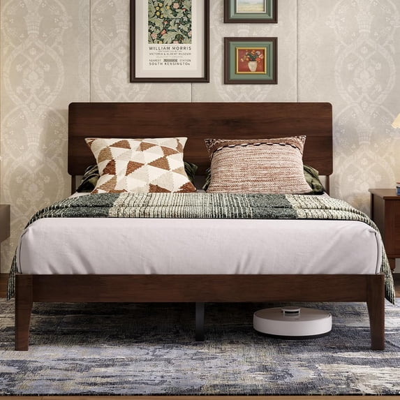Novilla Bed Frame - Full Size Solid Wood Platform Bed with 3-Level Adjustable Headboard, Solid Wood Slat Support, No Box Spring Needed, Walnut