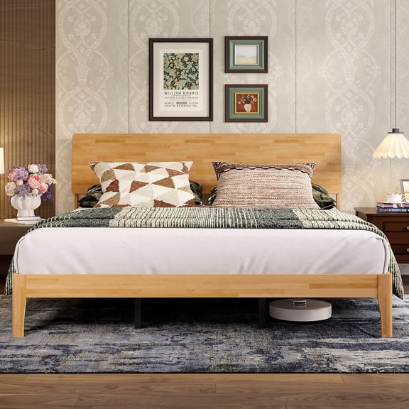 Novilla Bed Frame - King Size Solid Wood Platform Bed with 3-Level Adjustable Headboard, Solid Wood Slat Support, No Box Spring Needed, Nature