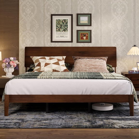 Novilla Bed Frame - King Size Solid Wood Platform Bed with 3-Level Adjustable Headboard, Solid Wood Slat Support, No Box Spring Needed, Walnut