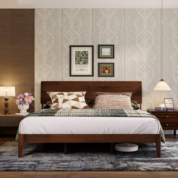 Novilla Bed Frame - King Size Solid Wood Platform Bed with 3-Level Adjustable Headboard, Solid Wood Slat Support, No Box Spring Needed, Walnut