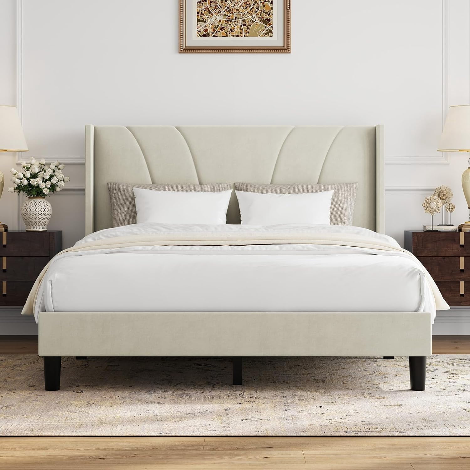 Novilla Bed Frame Queen Size, Queen Bed Frame with Headboard, Velvet Upholstered Wing Side Headboard, No Box Spring Needed, Heavy Duty Feet, Easy Assembly, White Velvet