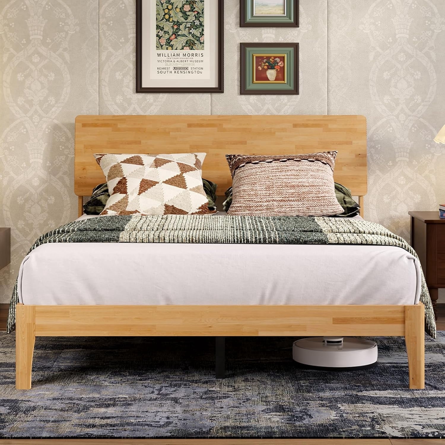 Novilla Bed Frame - Queen Size Solid Wood Platform Bed with 3-Level Adjustable Headboard, Solid Wood Slat Support, No Box Spring Needed, Nature