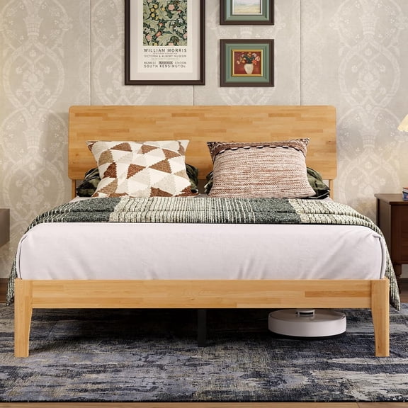 Novilla Bed Frame - Queen Size Solid Wood Platform Bed with 3-Level Adjustable Headboard, Solid Wood Slat Support, No Box Spring Needed, Nature