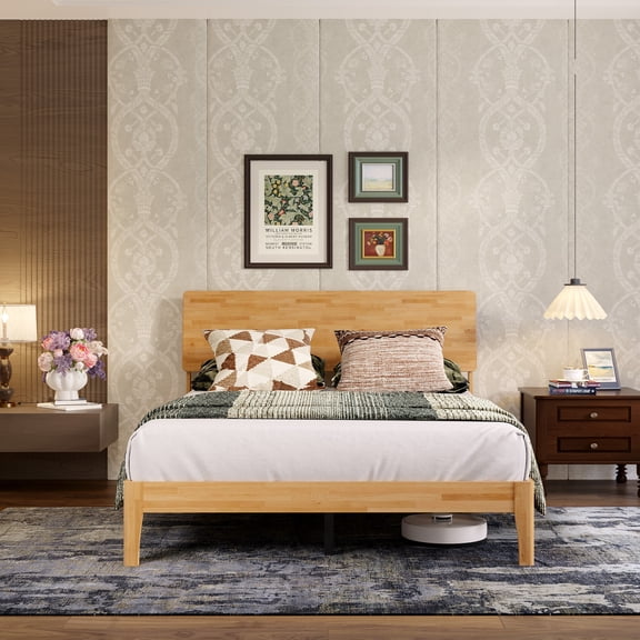 Novilla Bed Frame - Queen Size Solid Wood Platform Bed with 3-Level Adjustable Headboard, Solid Wood Slat Support, No Box Spring Needed, Nature