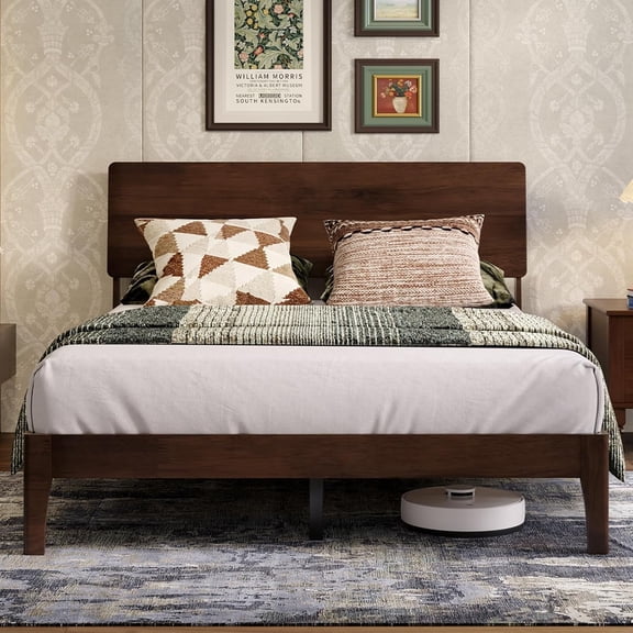 Novilla Bed Frame - Queen Size Solid Wood Platform Bed with 3-Level Adjustable Headboard, Solid Wood Slat Support, No Box Spring Needed, Walnut