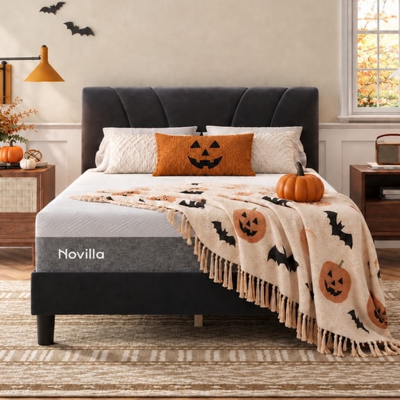 Novilla Bliss 12 Inch King Size Gel Memory Foam Cooling Mattress in a Box + Classic Luxe King Platform Bed Frame with Velvet Upholstered Adjustable Headboard, Black