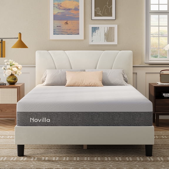 Novilla Bliss 12 Inch Queen Size Gel Memory Foam Cooling Mattress in a Box + Classic Luxe Queen Platform Bed Frame with Velvet Upholstered Adjustable Headboard, White