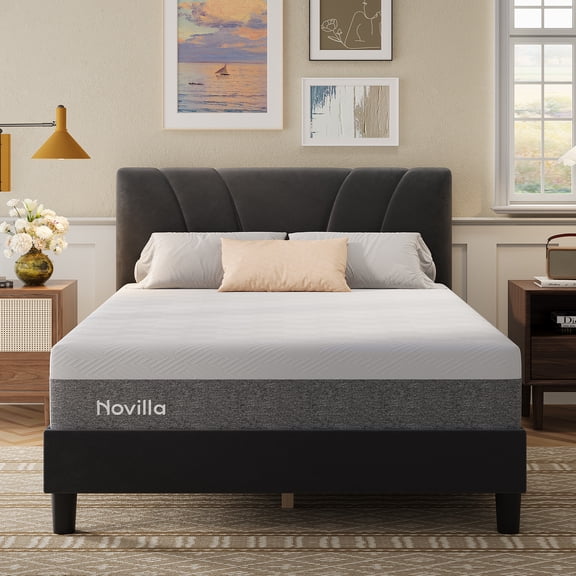 Novilla Bliss 12 Inch Queen Size Gel Memory Foam Cooling Mattress in a Box + Classic Luxe Queen Platform Bed Frame with Velvet Upholstered Adjustable Headboard, White