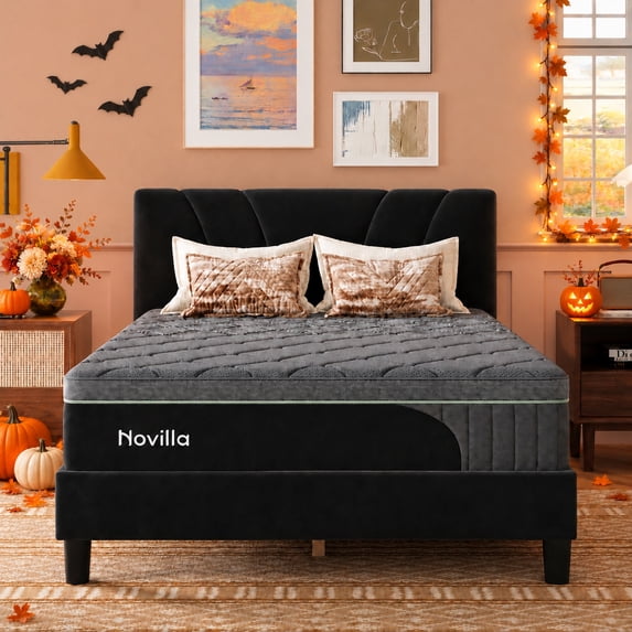 Novilla PoemEase 12 Inch Queen Size Graphene Fabric Cooling Hybrid Mattress in a Box With Classic Luxe Queen Platform Bed Frame with Velvet Upholstered Adjustable Headboard Bundle