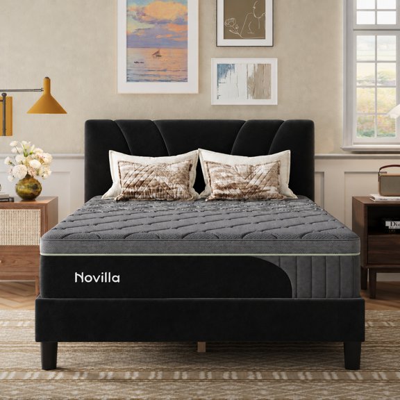 Novilla Bliss 12 Inch Queen Size Graphene Fabric Cooling Hybrid Mattress in a Box With Classic Luxe Queen Platform Bed Frame with Velvet Upholstered Adjustable Headboard Bundle