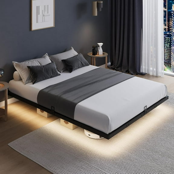 Novilla Floating Bed Frame with LED Lights, Modern Platform Queen Bed Frame with Mattress Slide Stopper, Easy Assembly, No Box Spring Needed, Noise Free