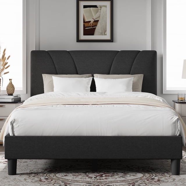 Novilla Full Size Bed Frame with Adjustable Headboard Platform Full Bed Frame with Linen Fabric Upholstered Headboard, No Box Spring Needed, Noise-Free, Wooden Slats Support, Easy Assembly, Dark Grey