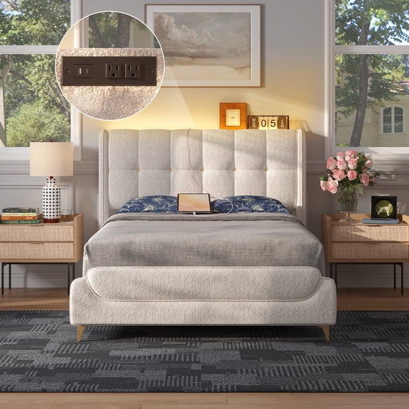 Novilla Full Size Bed Frame with Charging Station & LED Lights, Upholstered French Luxury Platform Bed with Wingback Headboard, Lamb Wool Fabric, No Box Spring Needed, Easy Assembly, Cream White