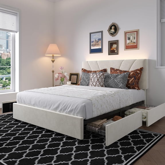 Novilla Full Size Bed Frame with Drawers, Full Size Bed Frame with Headboard, Full Bed Frame with LED Lights, Charging Station and Adjustable Headboard, No Box Spring Needed, White Velvet